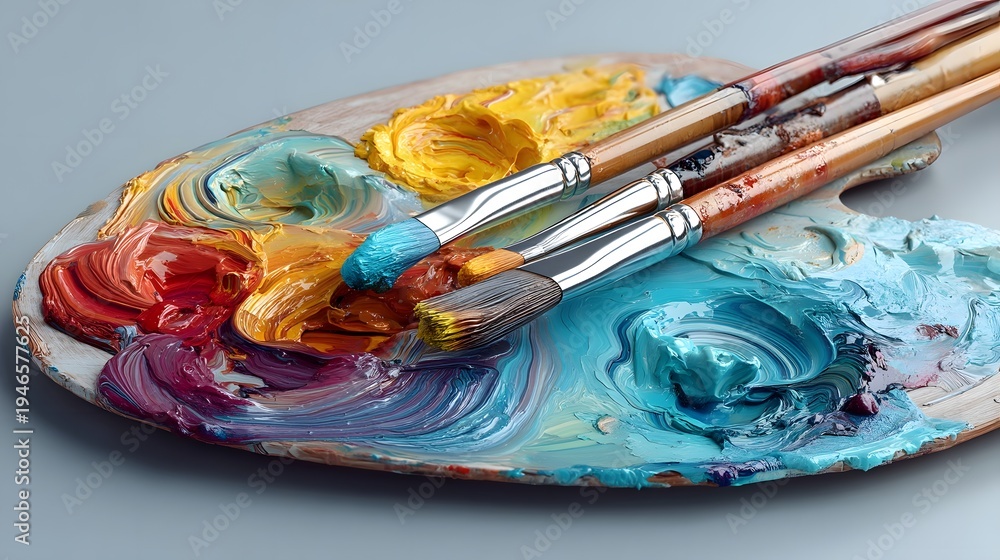 Obraz premium palette with vibrant oil paints and brushes