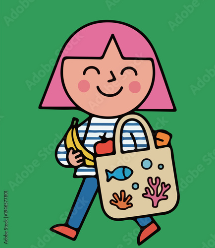 Cartoon Girl with Reusable Shopping Bag
