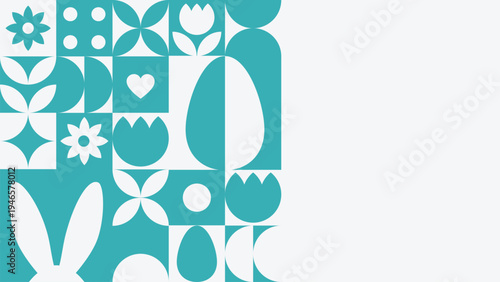 Minimal Easter banner with geometric floral shapes, bunny ears and egg motif. Clean modern design with copy space, perfect for seasonal promotions, social media, branding and holiday marketing.