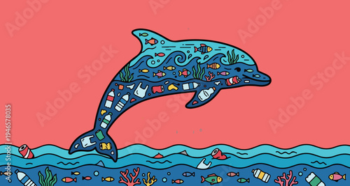 Dolphin Silhouette Filled with Ocean Pollution