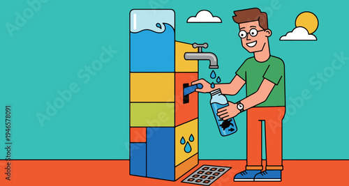 Man Filling Water Bottle at Water Dispenser