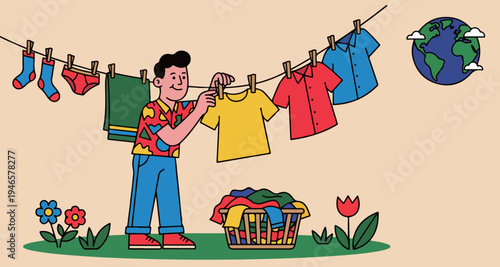 Man Hanging Clothes on a Clothesline