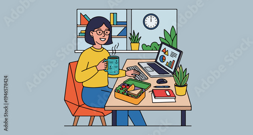 Woman Working from Home with Lunch