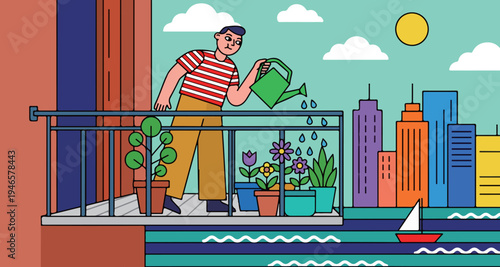 Man Watering Plants on Balcony with City View