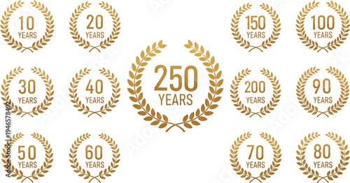 Elegant Golden Laurel Wreath Anniversary Badges Set for Milestones and Celebrations