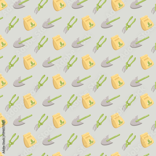 Seamless gardening pattern with pruning shears, trowels, and seed packets on light gray background, decorative design for plant care, agriculture, eco themes, textiles, and wallpapers
