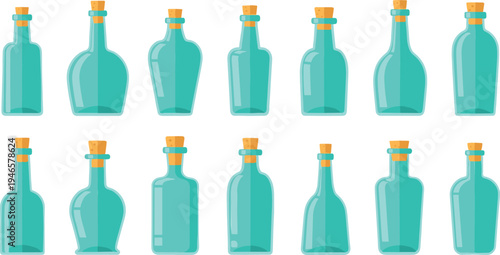 Glass bottle collection with cork stoppers transparent vintage containers for potion message or storage vector illustration