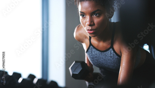 Photos Fitness, weight training or athlete in gym with dumbbell, power or bicep curl in bodybuilding
