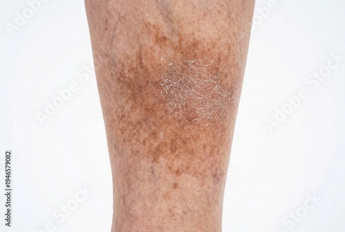 Ultra-realistic 8K macro close-up of an elderly person's shin showing venous stasis dermatitis with brownish hyperpigmentation and dry scaly skin on a bright white seamless background. The image