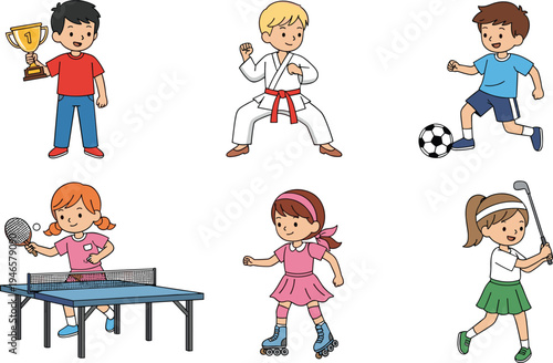 kids sports activities cartoon set, children playing soccer karate tennis golf skating winner trophy vector illustration collection