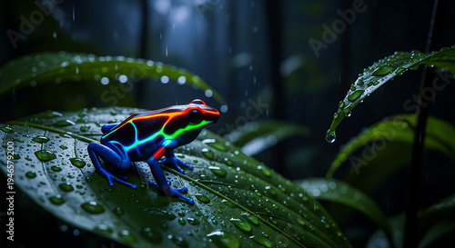 Colorful frog on a leaf dark background