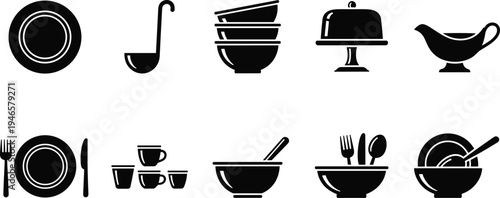kitchen dishware and dining utensils icons set, plate bowl ladle cup sauce boat tableware vector illustration collection