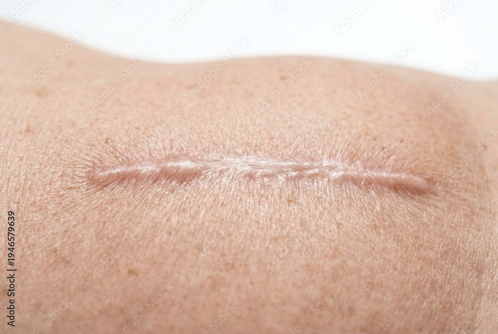 Fototapeta premium Ultra-detailed 8K macro close-up of an elderly woman's abdomen skin showing a post-surgical scar with mild keloid texture. The image highlights scar tissue and surrounding skin under clinical lighting