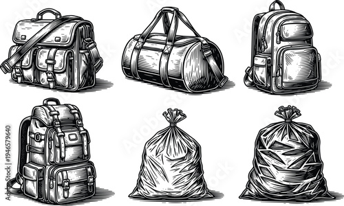 Hand drawn sketch of satchel, duffel, backpack, hiking gear, garbage bags, travel accessories, vintage illustration, storage design, lifestyle