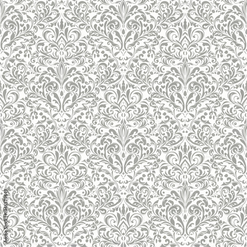 Traditional European damask wallpaper design with elaborate cream floral ornaments on dark background