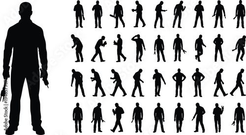 collection, of, armed, man, silhouette, poses, vector, set, soldier, tactical, character, black, silhouettes, standing, walking, aiming, holding, rifle, pistol, isolated, on, white, background