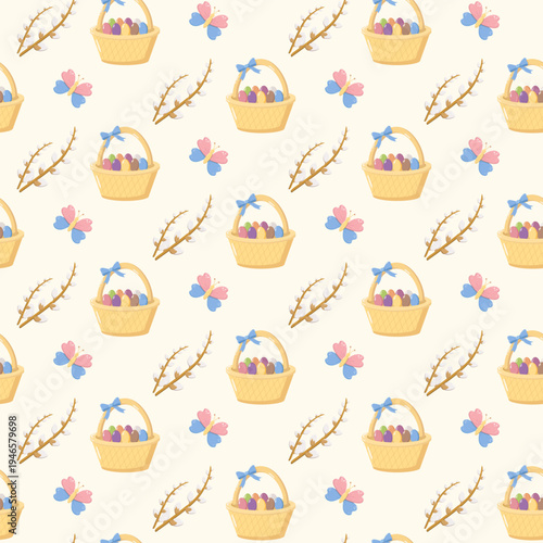 Seamless Easter pattern with baskets of eggs, butterflies, and pussy willow branches on beige background, festive spring design for seasonal decor, textiles, wallpapers, and wrapping paper