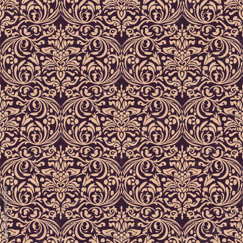 Classic baroque inspired ornamental wallpaper design featuring symmetrical cream floral scroll patterns
