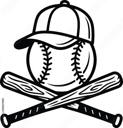 Vector graphic illustration of a baseball cap on a baseball with crossed bats