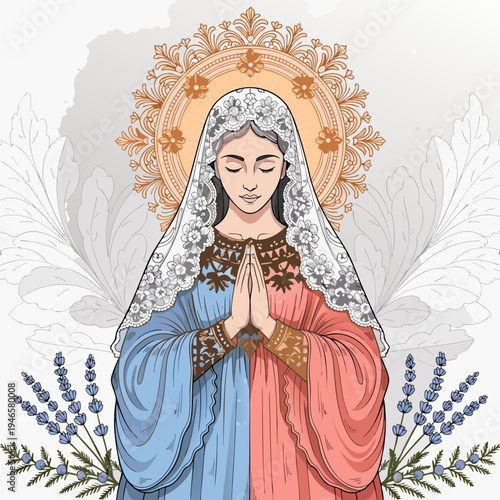 Flat Vector Illustration of the Virgin Mary Praying with Lace Veil and Floral Halo, Religious Christian Madonna Art with Lavender and Juniper Branches.