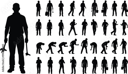 Construction worker silhouette set, builder holding wrench toolkit, various working poses collection, industrial laborer vector icons isolated on white background