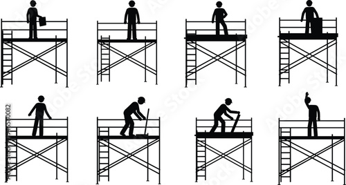 Construction worker on scaffold safety sequence, scaffolding assembly steps, builder installing platform, industrial maintenance process, work at height procedure illustration vector concept