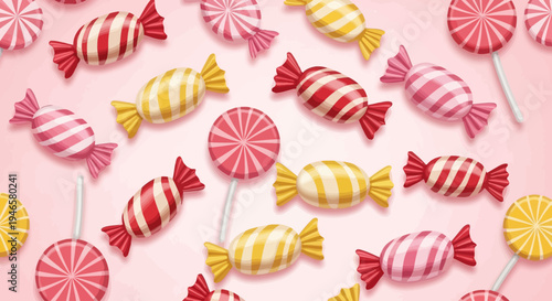 Colorful wrapped candies and lollipops assortment.