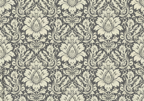 Traditional baroque wallpaper design with intricate damask florals and elegant ornamental details