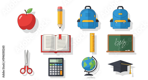 School supplies and education icons.