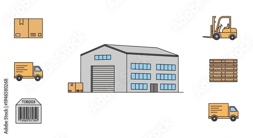 Industrial warehouse with delivery trucks.