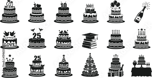 Celebration cake icons set for wedding, birthday, anniversary and party events with champagne and gifts vector illustration