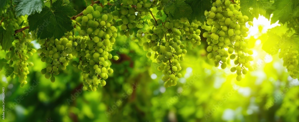 Obraz premium The Grapes Hanging in Sunlit Vineyard Bunches Ready for Summer Harvest and Winemaking
