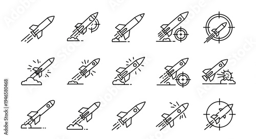 Collection of rocket launch icons in sketch style.