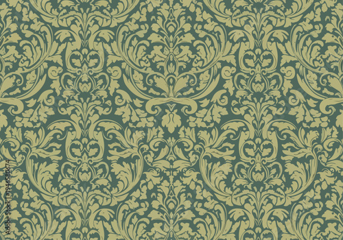 Traditional baroque wallpaper design with intricate damask florals and elegant ornamental details