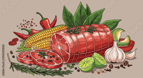 Amazing Vector Illustration Of A Delicious Raw Meat Roll Surrounded By Fresh Vegetables And Spices