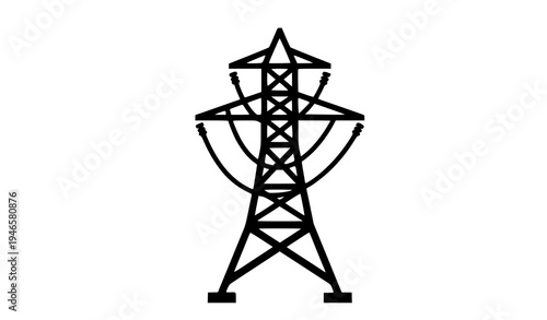 A black silhouette of an electricity transmission tower on a white background