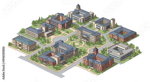 Aerial view of a university campus with multiple buildings and green spaces.