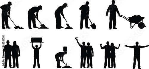 Construction worker silhouettes set with shovel, wheelbarrow and tools, manual laborers digging and carrying materials, industrial workforce vector illustration collection
