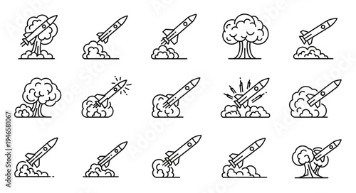 Collection of Rocket Launch Icons and Explosion Symbols.