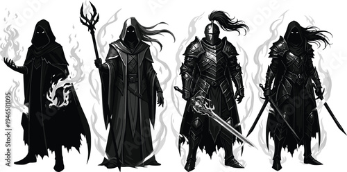 Dark fantasy warrior and mage characters set, medieval armored knight and hooded sorcerer silhouettes with fire magic illustration