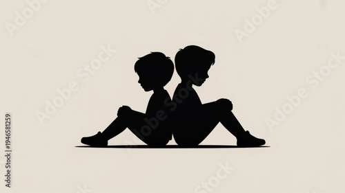 Two children sitting back to back in black silhouette on beige background minimalistic flat vector design