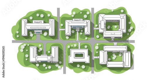 Aerial view of a modern university campus with multiple buildings and green spaces.