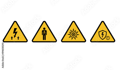A set of four yellow warning signs with black icons and borders