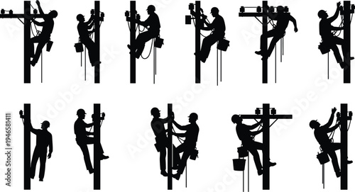 Electric lineman repairing utility pole transformer, power line maintenance worker silhouettes, electrical technician climbing sequence, high voltage service work, industrial safety illustration vecto