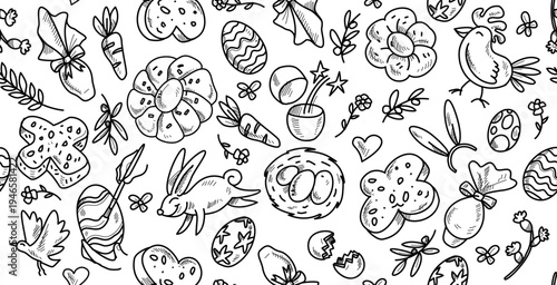 Happy easter element objects. doodle horizontal  background