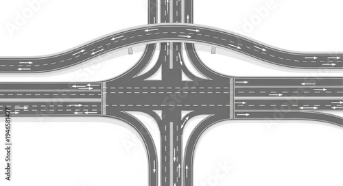 Aerial view of a complex highway interchange with multiple lanes and overpasses.