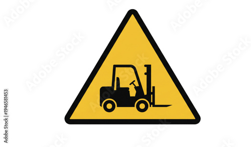 A yellow triangular warning sign featuring a black silhouette of a forklift