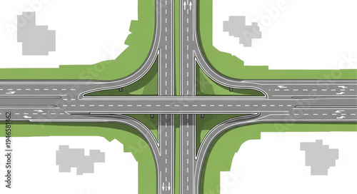 Modern highway interchange with overpass and green landscaping.