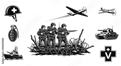 World War II military equipment and soldiers illustration.