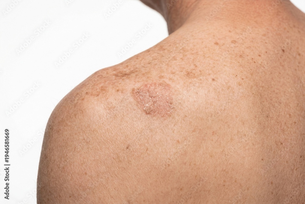Fototapeta premium High-resolution 8K macro close-up image showcasing sun-damaged skin with actinic keratosis-like rough patches and fine freckles on an upper back and shoulder area, captured with professional lighting